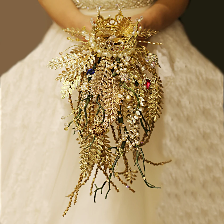 Iffo в руках невесты букет цветов Свадебный Готический стиль золотой лист красный и синий драгоценный камень жемчужная корона Имитация дерева DIY Декор