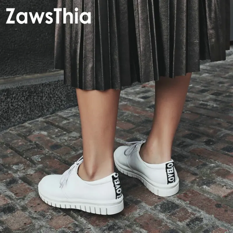 

ZawsThia 2019 summer spring autumn PU white black lace up casual flats woman shoes walking sneakers women large size 41 42 43