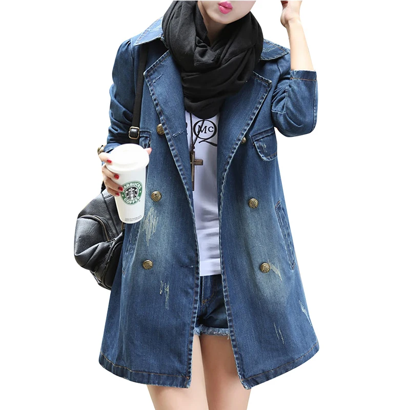 

Women's Denim Coat Double Breasted Long Sleeve Frayed Denim Outwear
