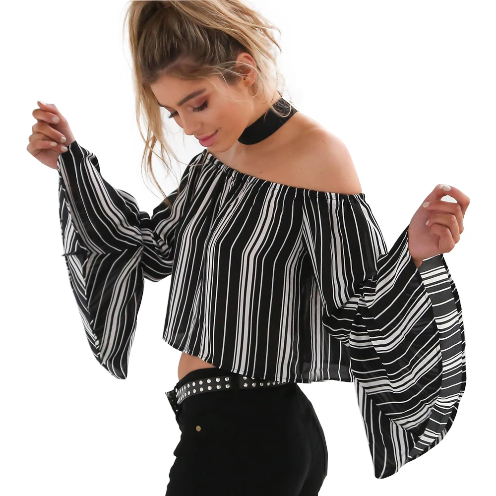 

Summer Women Striped Sexy Slash Neck Long Flare Sleeve Boardwalk Off Shoulder Crop Tops Plus Size Women's T Shirts