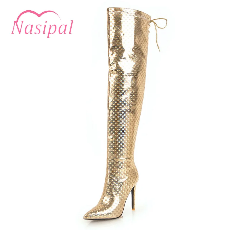 

Nasipal 2018 spring autumn winter patent leather zipper over the knee boots shoes gold silver sexy stilettos thigh high boots