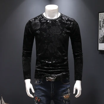 

18379 Heavy carved flower pattern high-end luxury long sleeve t shirt Autumn 2018New quality velvet soft comfoatable t shirt men