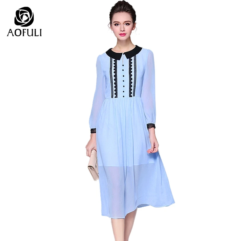 

AOFULI Women Chiffon Long Dress Spring Summer Mid-calf Length Dress Elegant Big Size Long Sleeve Midi Dress M- XXXL 4XL 5XL 9013