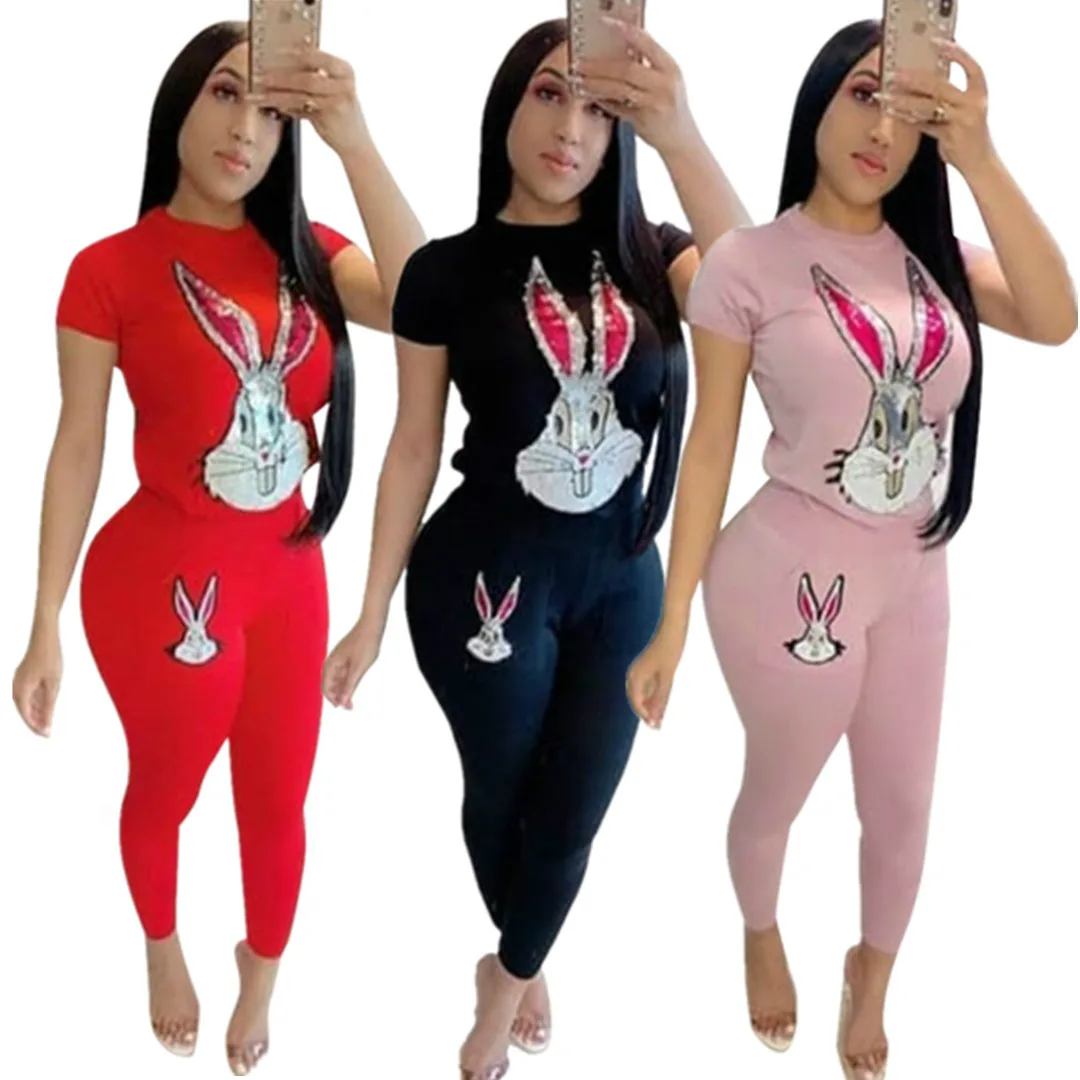 

Summer new rabbit cartoon sequins two-piece short-sleeved T-shirt trousers sweat suit sexy casual wear women's sportswear