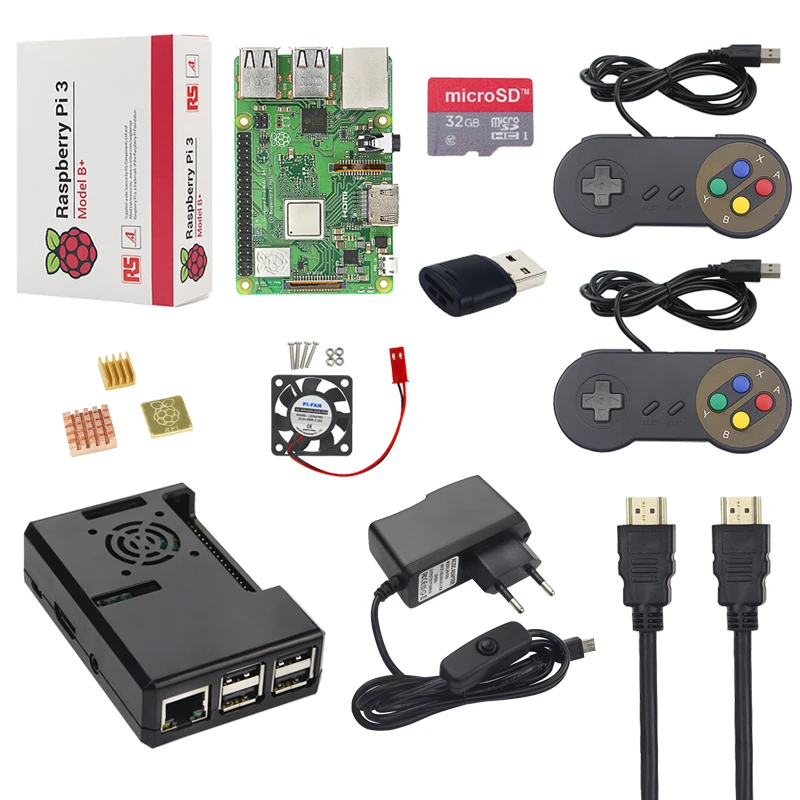 

New Raspberry Pi 3 Model B+ Plus Starter Kit +16G 32G SD Card + Gamepad + Case +Fan + Power +Heat Sink +HDMI Cable for RetroPie