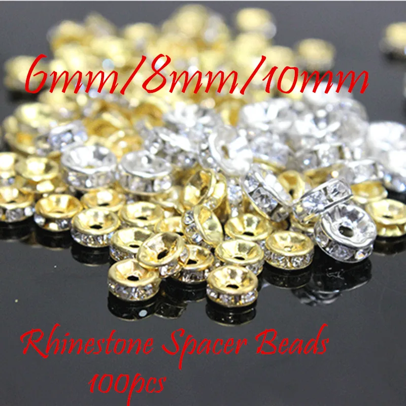 

MRHUANG 6mm/8mm/10mm AAA Metal Silver Golden Plated Crystal Rhinestone Rondelle Spacer Beads 100Pcs Free Shipping