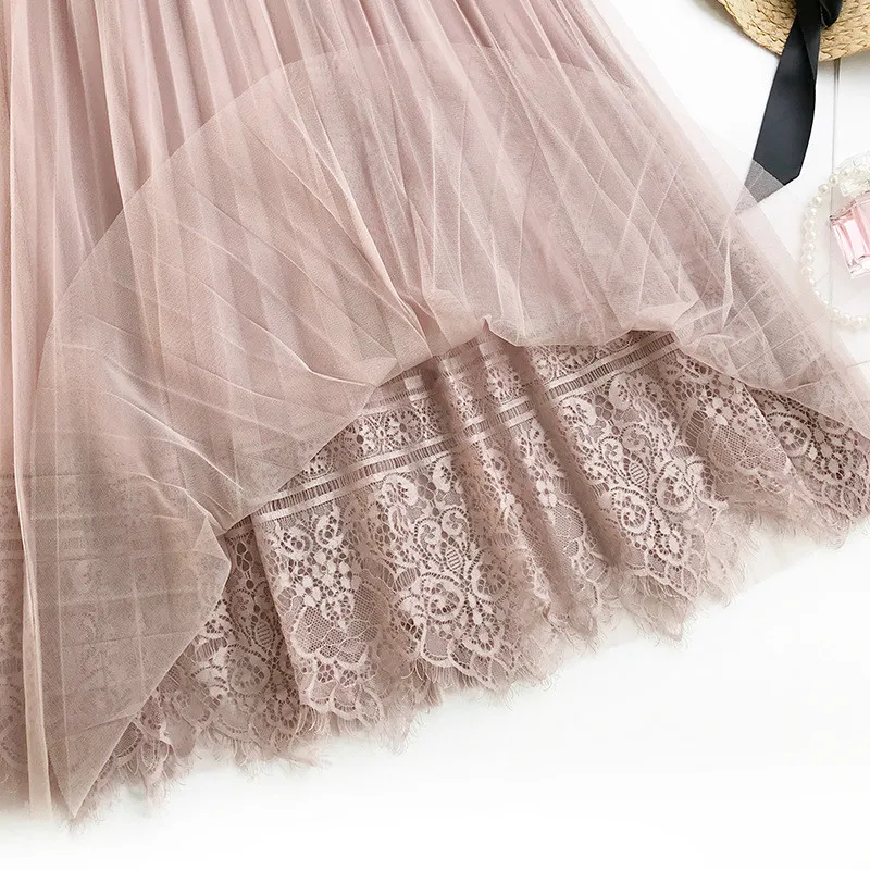 AcFirst Весна розовый серый сексуальные женские юбки с высокой талией плиссированные по щиколотку длинные юбки сетчатая одежда кружевные трапециевидные юбки