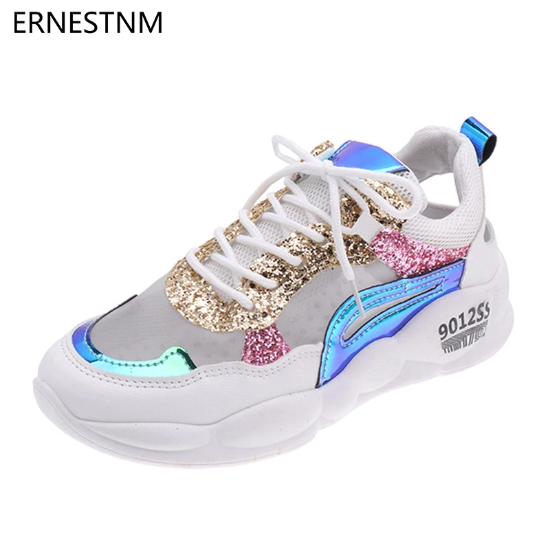 

ERNESTNM 2019 New Sneakers Women Chunky White Sneakers Sock Shoes Casual Flats Breathable Soft Sequined Bling Zapatos De Mujer