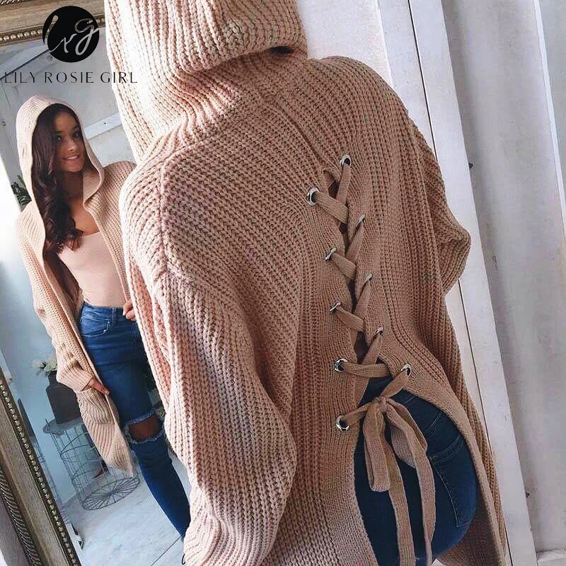 

Lily Rosie Girl Black Sexy Lace Up Knitted Sweater Women Long Sleeve Cardigans Hooded Double Pocket Casual Autumn Winter Jumper