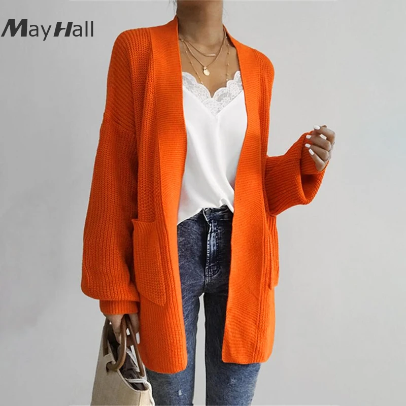 

MayHall Long Lantern Sleeve Cardigan with Pocket Autumn Casual Sweater Loose Jumper Knitted ropa invierno mujer 2018 MH366