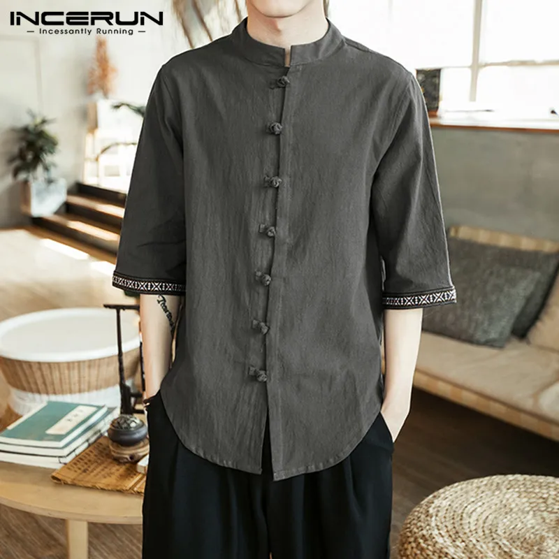 INCERUN Vintage Men Shirt Cotton Button 3/4 Sleeve 2020 Chinese Style Shirts Men Solid Stand Collar Casual Tops Camisa Masculina