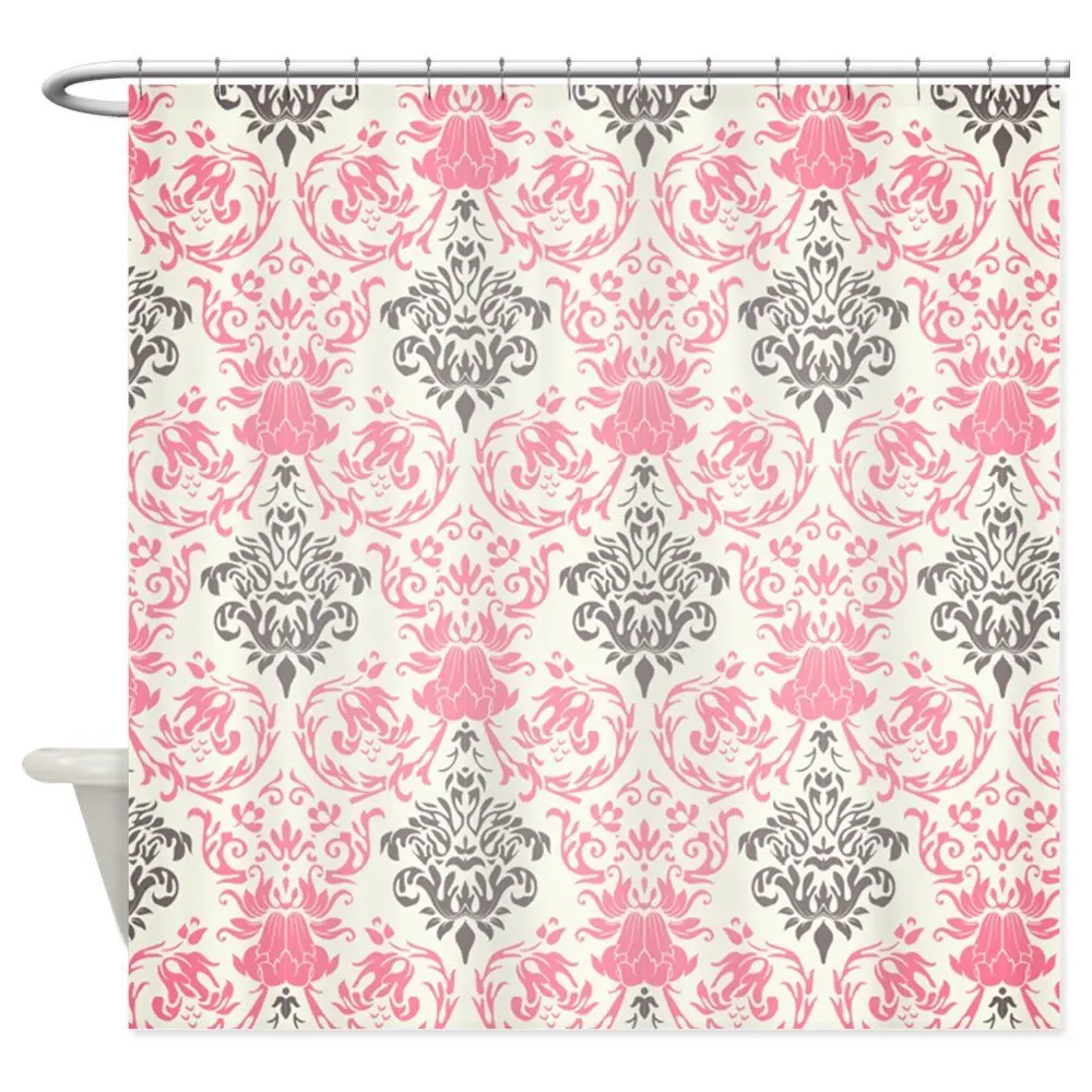 Pretty Pink And Gray Damask Decorative Fabric Shower Curtain Set Non