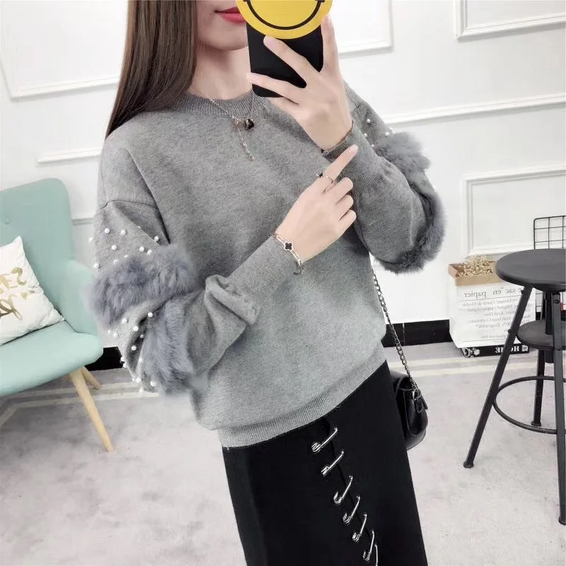 Fashion Pearls Beading Ans Faux Fur Embellished Cuff Jumper Grey Crew Neck Casual Pullovers Autumn Elegant Long Sleeve Sweater