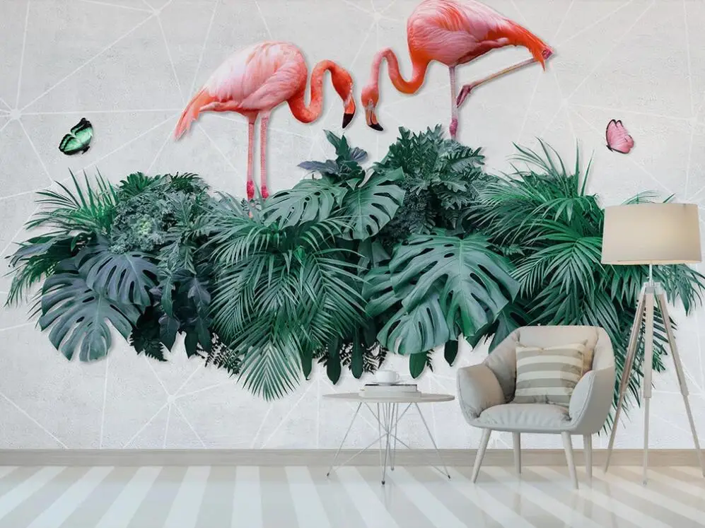 3D обои на заказ fresco скандинавские простые тропические листья фламинго Бабочка