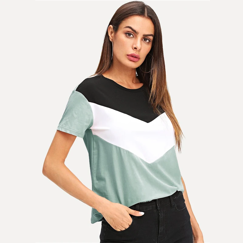 SweatyRocks Cut and Sew Tee многоцветный короткий рукав круглый вырез пэчворк повседневные топы женские летние Athleisure футболка с цветными деталями