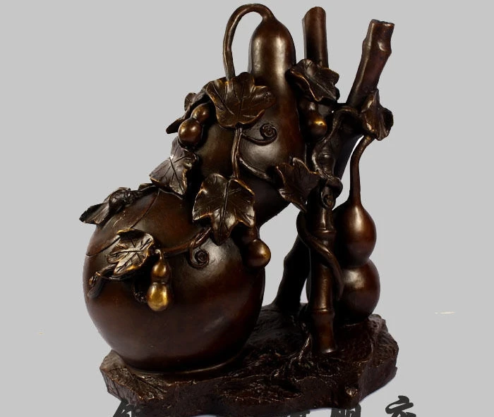 

9" China Bronze Feng Shui Exorcise Evil Spirits Bamboo Gourd Statue