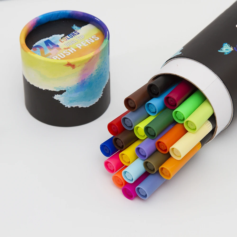 

Dual Brush Pen Colored Art Markers 24 Colors - with Fineliner Fibre Tip 0.4 Fine Point - Sketch Drawing Marker For Coloring Book