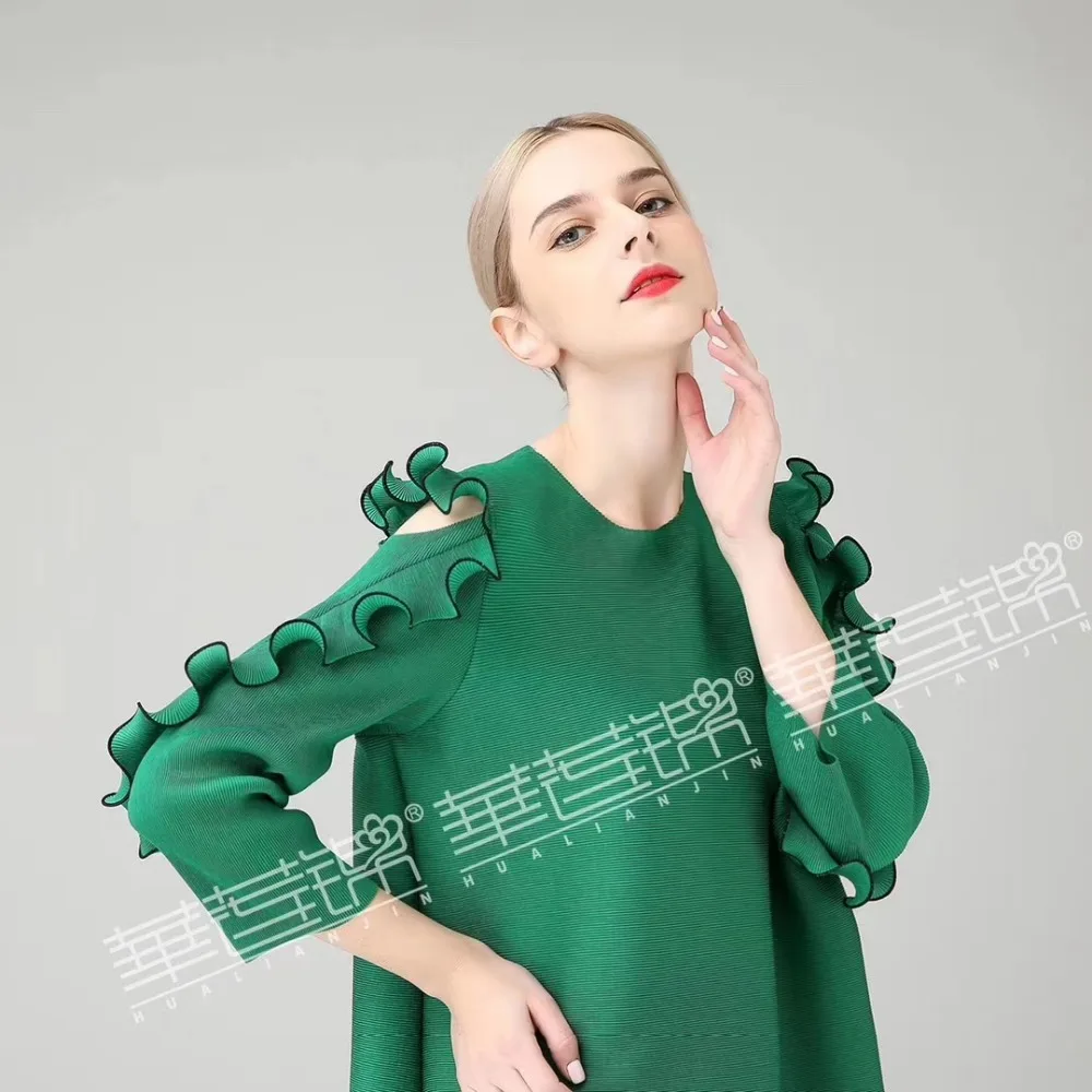 Miyake складывается Мода три четверти Твердые o-образным вырезом уличная футболка