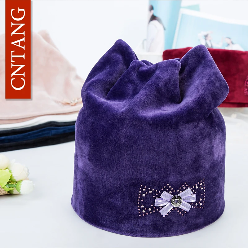 CNTANG Cute Cat Ears With Flower Caps Winter Warm Women Hats Flannel Autumn Beanies Fashion Girls Hat Velvet Skullies For Female 5