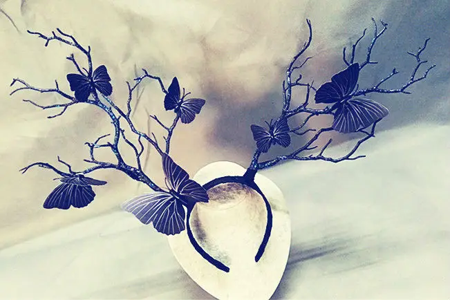 Повязка на голову ручной работы с ветками деревьев и бабочками на Хэллоуин для косплея; винтажные аксессуары для волос в готическом стиле