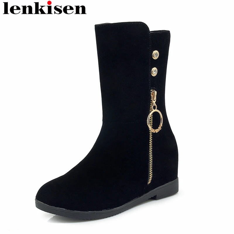 

Lenkisen 2018 new arrival big size round toe zipper high heels solid women Autumn winter shoes crystal sweet mid calf boots L6f8