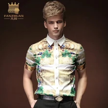 FANZHUAN Summer Floral Print Men Shirts Short Sleeve Mens Casual Shirt Slim Men Dress Shirts Floral Tuxedo Shirt Costumes