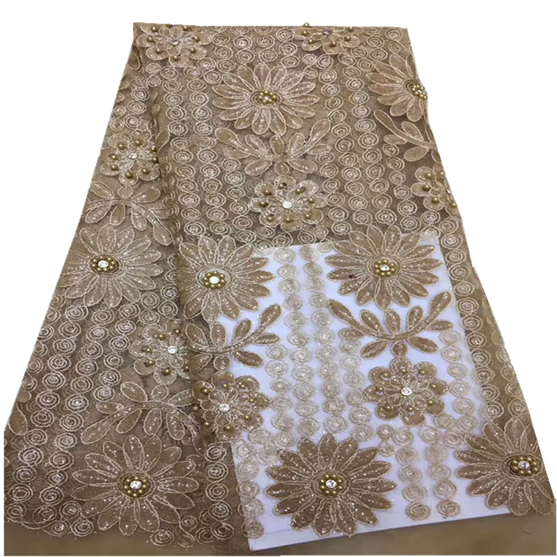 

Nigerian Lace Fabric 2019 High Quality Lace gold Embroidered beads Mesh Lace 5 Yards French Net Lace Fabric xzf1-490