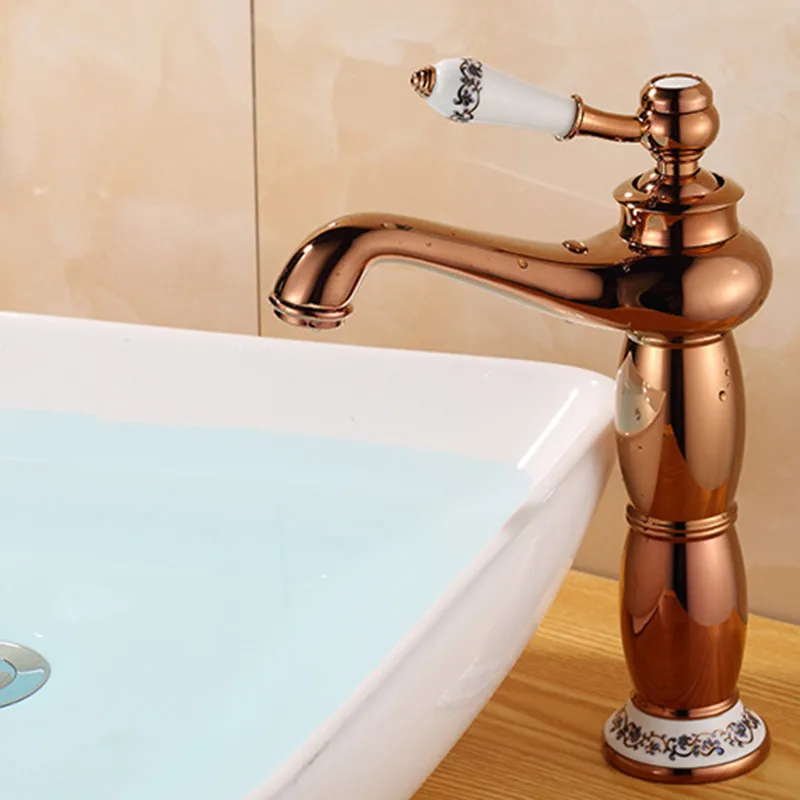 

Free Shipping Deck mounted rose golden bathroom basin faucet with Blue and white porcelain bathroom water faucet