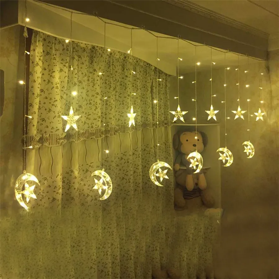 Ice-Led-String-strip-light-Moon-stars-138leds-250CM-Length-Fairy-Lights-Christmas-Window-Curtains-Party