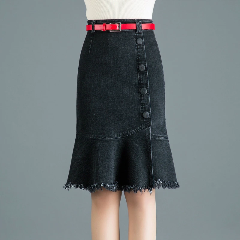 Spring Summer Women Female Tassel Ruffle High Waist Black Denim Trumpet Skirt, Womens Stretch Buttons Mermaid Jean Skirts