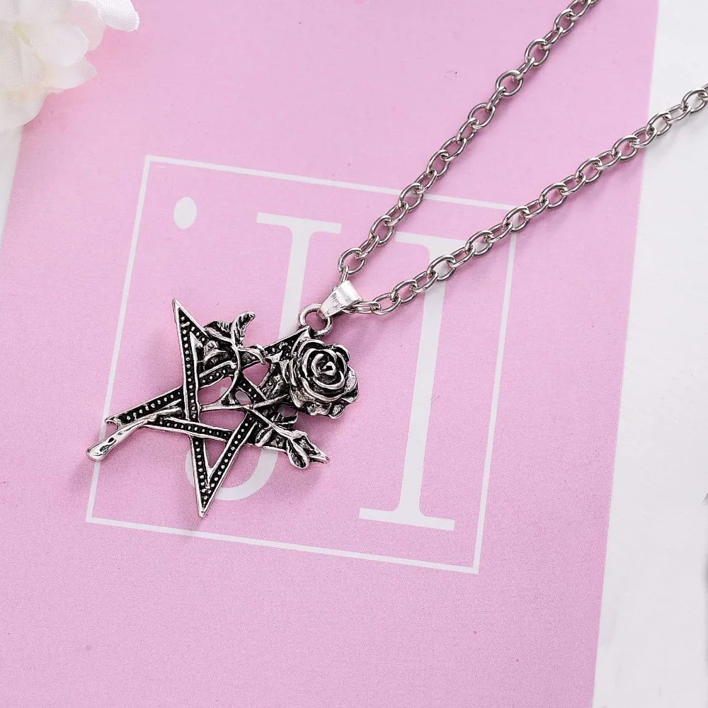 Старинный античный серебряный крест с цветами розы Очаровательная подвеска в форме звезды Ожерелье Религиозная пентаграмма звезда Готический для мужчин и женщин ювелирные изделия