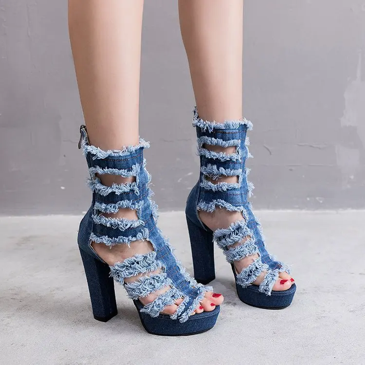 

2019 Summer Women's Shoes Pumps Super High Heels Sandals Hollow Denim Fashion Platform Shoes Zipper Sandals Open Toe EUR35-40