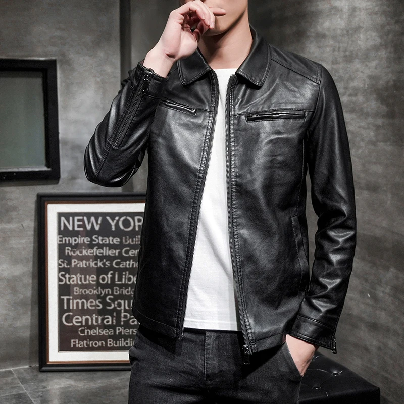 black Модная кожаная куртка-бомбер, Мужская байкерская куртка, Chaqueta Hombre, Motocicleta, облегающая черная куртка, Chaqueta Motera De Piel Hombre - Цвет: black