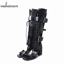 Mabaiwan/черные женские летние ковбойские сапоги до колена в военном стиле обувь из натуральной кожи на толстом высоком каблуке женские туфли-лодочки с открытым носком и пряжкой