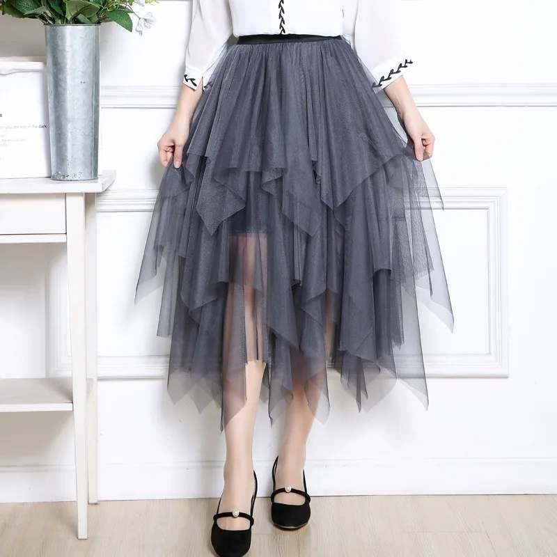 Women Summer Tulle Skirt Voile three layer solid irregular length long