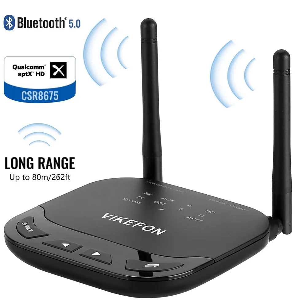 VIKEFON Bluetooth 5,0 передатчик приемник обновленный беспроводной аудио адаптер для ТВ ПК, Поддержка Aptx& HD& LL переключатель, длинный звонок - Цвет: Black