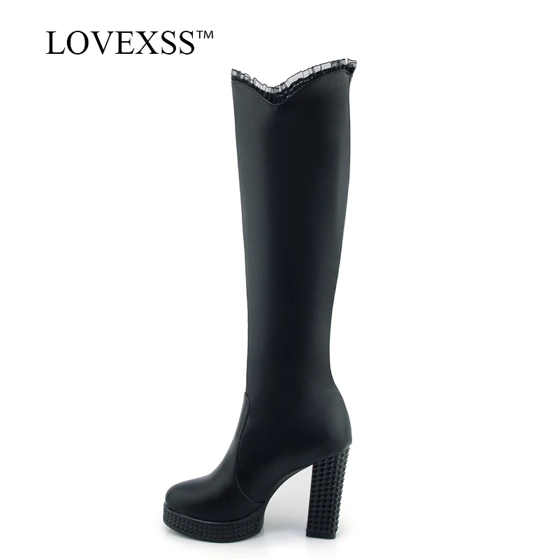 

LOVEXSS Woman Winter Crystal Knee High Heel Boots Black Fashion Sexy High Heeled Shoes Plus Size 33 43 Round Toe Martin Boots