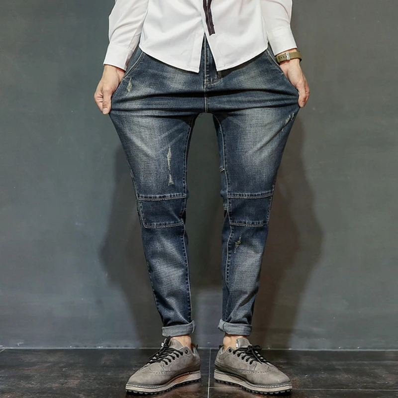 LEOCLOTHO Korea Style Elasticity Jeans Men Slim Fit Pencil Pants Fashion Casual Harem Pants Men Trousers
