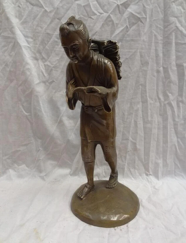 

S3683 16" Chinese Bronze Hardworking Boy Cut Firewood Looking Book Child Study Statue D0318