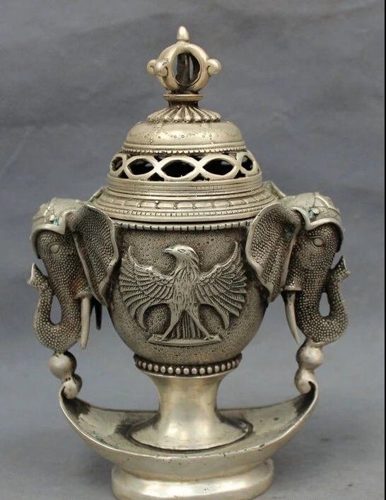 

10" Chinese Silver Fly Eagle Hawk Statue Elephant Head Incense Burner Censer
