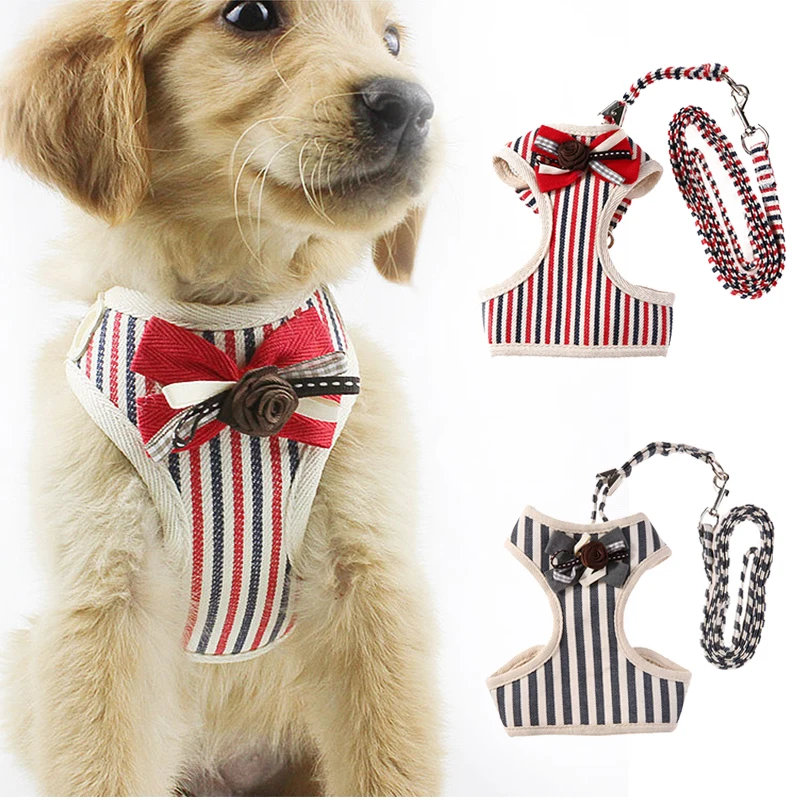 PAWZRoad Adjustable Small Pet Dogs Cat Harness with Leash Stripe Cute