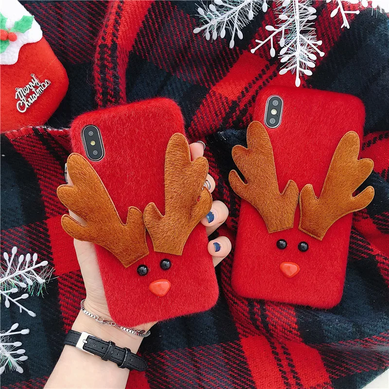 Aoweziic Christmas three-dimensional elk antler for iphone xs max  phone case 6s 7plus red plush velvet anti-fall  soft shell 8 