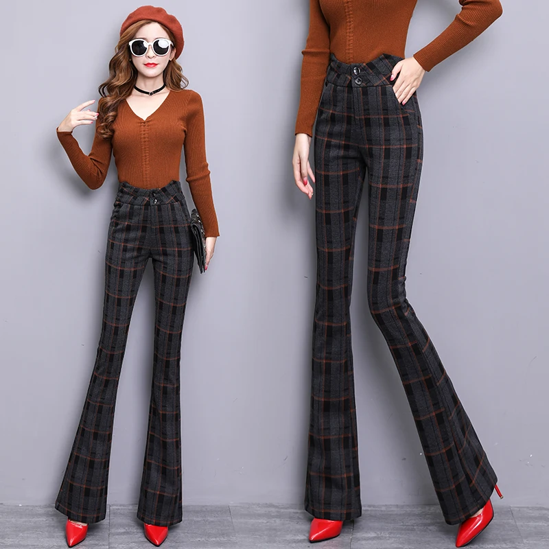 

2019 New bell bottom temperament high waist woolen lattice micro bell pants elastic casual thickening women's trousers