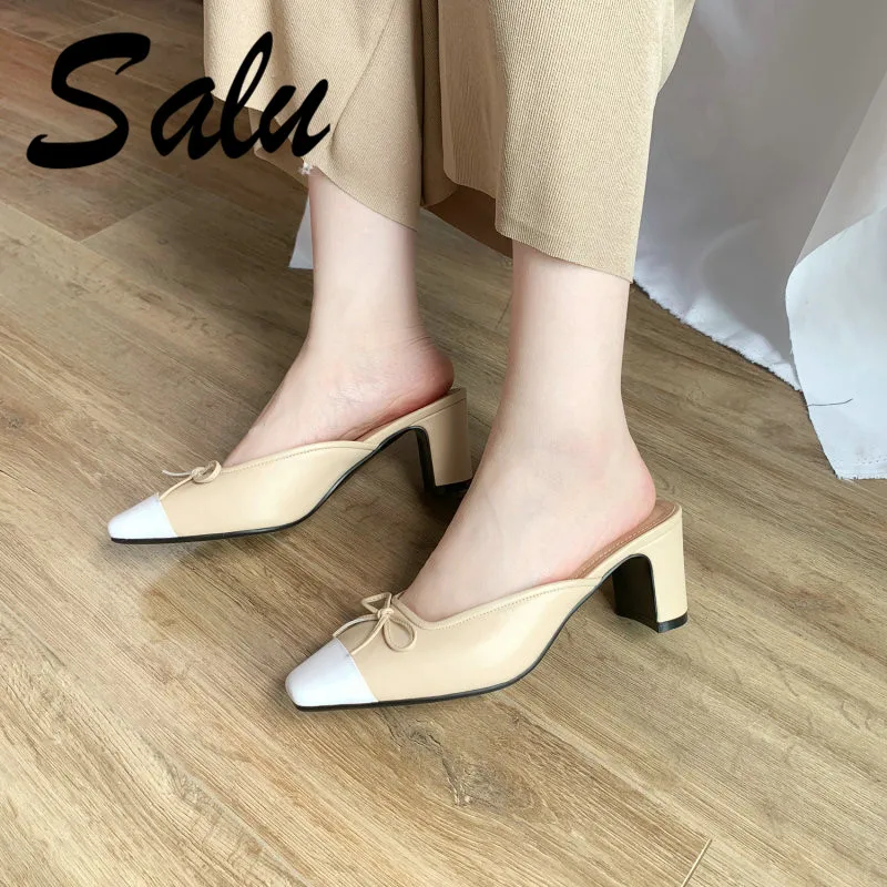 

Salu 2019 Woman Sandals High Quality Black White Cow Leather Wedding Shoes Elegant Pointed Toe Buckle Lady Footwear