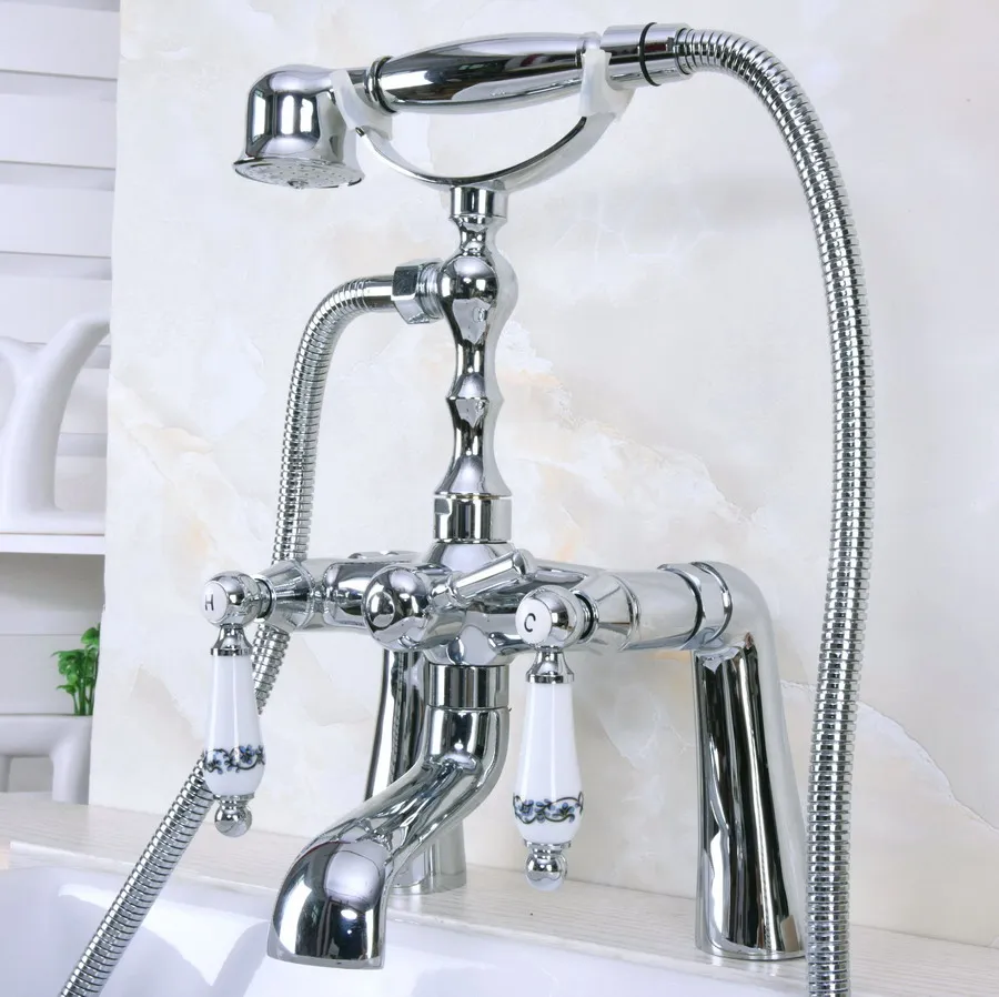 

Polished Chrome Brass Double Ceramic Handles Deck Mounted Bathroom Clawfoot Bathtub Tub Faucet Mixer Tap w/Hand Shower ana113