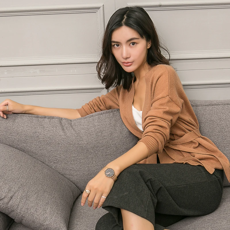 LHZSYY Autumn Winter New Women's Cashmere Cardigan Solid color Loose Quality Lacing Coat Fashion V-Neck Soft Wild Female Sweater