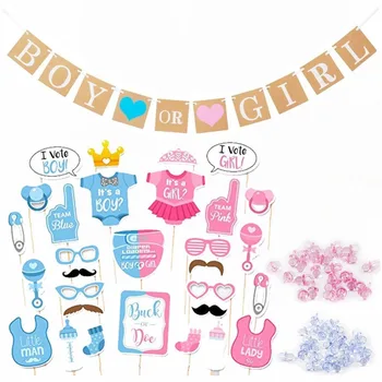 

Boy or Girl Banner and Gender Reveal Photo Booth Props on Sticks Set Decorations with 50pcs Blue and Pink Mini Pacifier