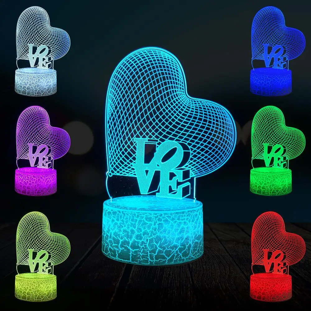 Novelty Love Heart 3D Lamp LED USB Table Illusion Night Light Touch Remote Multicolor Luminaria Girl Friend Gift Valentine