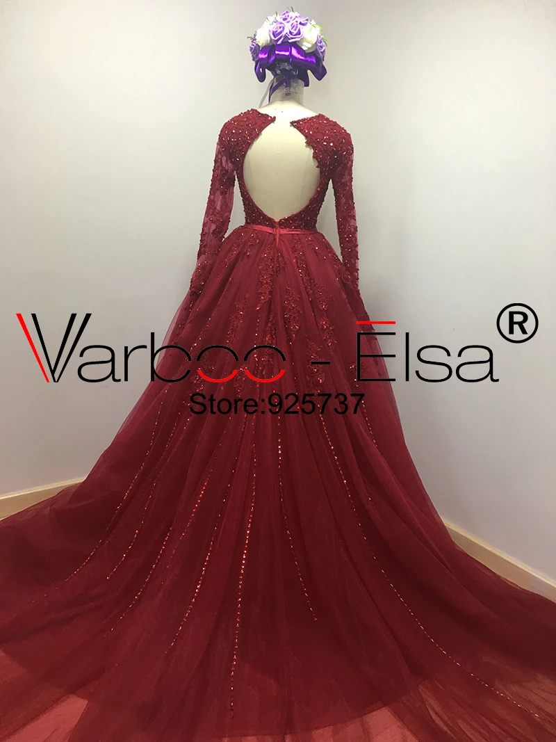 VARBOO_ELSA vestido de noiva Бисер V образным вырезом торжественные платья с красным кружевом с длинным шлейфом мяч халат с рукавами до локтя, свадебные платья в Китае