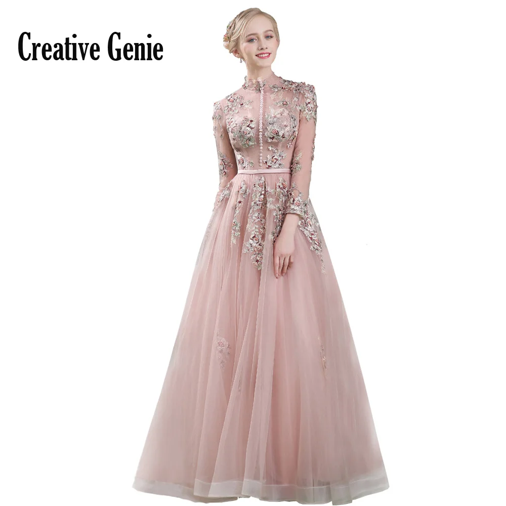 

Stand Collar Embroidered Long Evening Gowns Align Ground Length Dress Elegant Bare Pink Hollow Gauze Women Dresses Evening Party